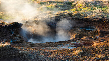 Wasserdampf steigt aus einem brodelnden Schlammloch in einem isländischen Geothermalgebiet