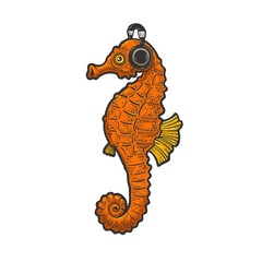 Seahorse with headphones color sketch engraving vector illustration. T-shirt apparel print design. Scratch board imitation. Black and white hand drawn image.