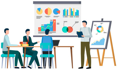 Successful business project presentation, company strategy planning, statistics indicators analysis. Analytics business information. Presenting company financial report. Presentation of start up data