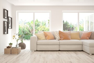 White living room with sofa and summer landscape in window. Scandinavian interior design. 3D illustration