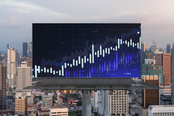 Glowing FOREX graph hologram on billboard, aerial panoramic cityscape of Kuala Lumpur at sunset. Stock and bond trading in KL, Malaysia, Asia. The concept of fund management.