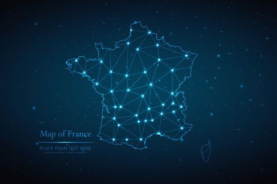 Abstract map of France geometric mesh polygonal network line, structure and point scales on dark background. Vector illustration eps 10