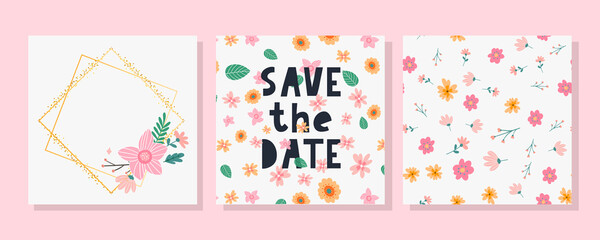 Charming Save the Date Lovely spring concept card. Awesome flowers and birds made in watercolor technique. Bright romantic card with summer flowers in vector background