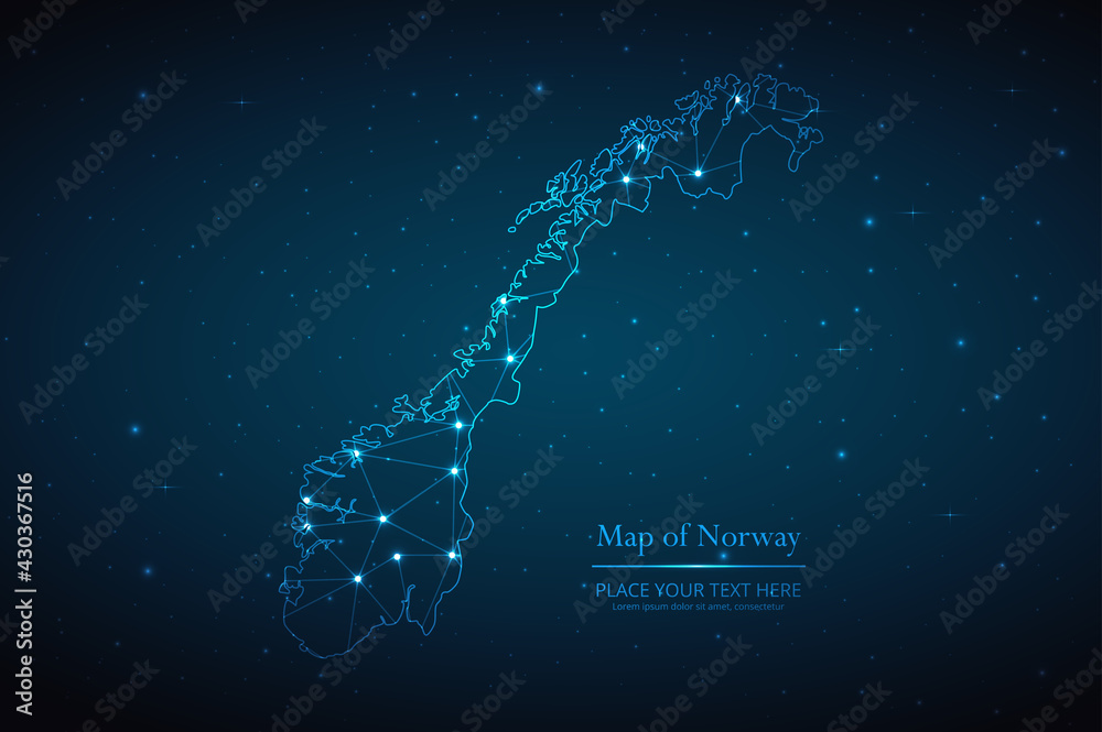 Wall mural abstract map of norway geometric mesh polygonal network line, structure and point scales on dark bac