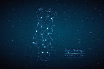 Obraz na płótnie Canvas Abstract map of Portugal geometric mesh polygonal network line, structure and point scales on dark background. Vector illustration eps 10
