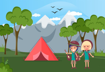 Group of happy tourists or backpackers standing beside tent. Camping in forest, adventure tourism, backpacking, bushcraft. Guitar scouts come for picnic, on nature hike. Children near tent in forest