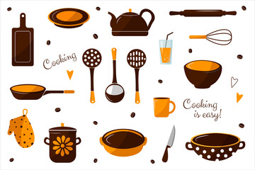 kitchenware set. Kitchen tools collection. Bowl, saucepan, oven mitt, frying pan, board, whisk, spatula, kettle, rolling pin, ladle. Cooking