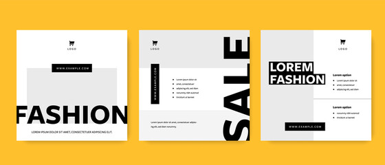Modern editable social media layouts with black accent, business square web banners with big typography, clean selling templates