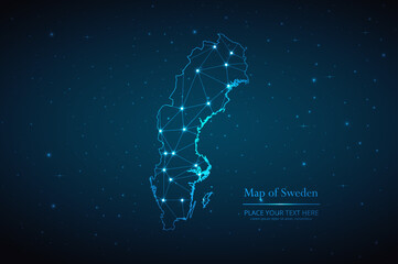 Abstract map of Sweden geometric mesh polygonal network line, structure and point scales on dark background. Vector illustration eps 10