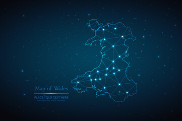 Fototapeta na wymiar Abstract map of Wales geometric mesh polygonal network line, structure and point scales on dark background. Vector illustration eps 10