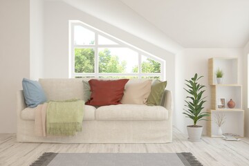 Fototapeta premium Minimalist living room in white color with sofa and summer landscape in window. Scandinavian interior design. 3D illustration