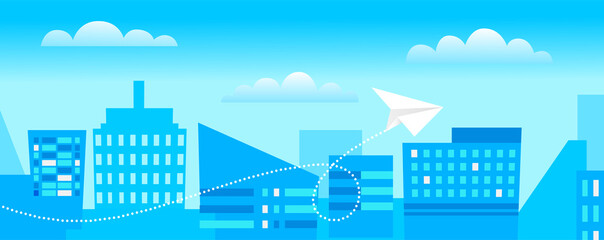 Airplane is flying above buildings, cityscape, art style. Pattern design vector illustration. Airplane made from paper. White airplane on pattern template. Aircraft flies next to skyscrapers