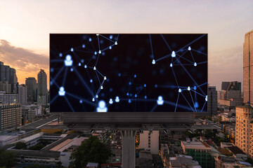 Glowing Social media icons on billboard over sunset panoramic city view of Bangkok. The concept of networking and establishing new connections between people and businesses in Southeast Asia