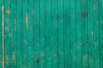 Wooden boards with old green paint close-up.