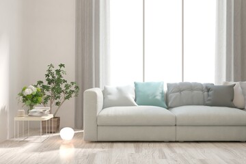 Soft color living room with sofa. Scandinavian interior design. 3D illustration