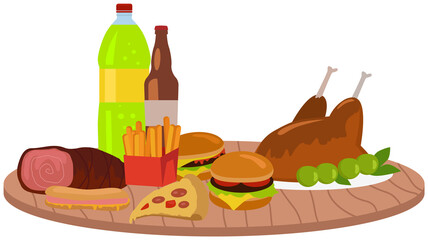 Fast food meal set on table. Classic cheese burger with grilled meat, french fries, grilled chicken and sausage, hot dog, pizza and soft drink cup. Fatty unhealthy high-calorie foods isolated on white