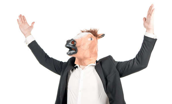 Hardworking man businessman wear weird horse head mask in formalwear isolated on white, workhorse