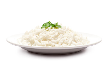 Plate of Boiled Rice isolated on a white background with clipping path embedded