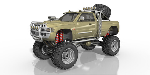 3d Bigfoot, Monster Truck in Olivgrün mit Ersatzrad, Frontspoiler, soliert © i-picture