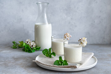 Homemade yogurt drink- ayran, kefir, lassi, on a gray background.