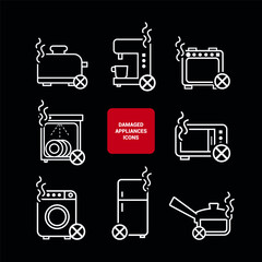 Vector image. Different icons of broken home appliances