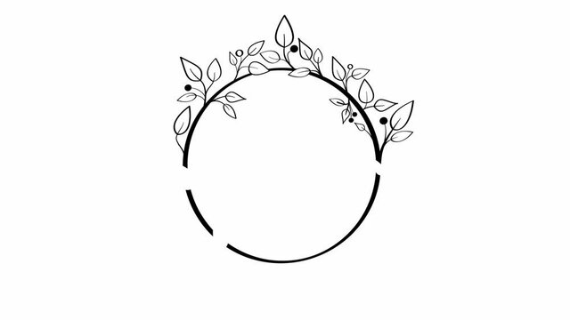 Lines drawing animation. Floral linear simple frame with leaves. White background.