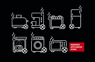 Vector image. Different icons of broken home appliances