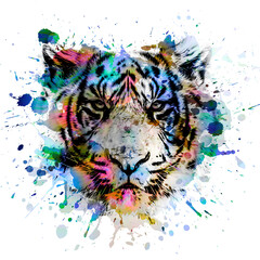 Tiger head tattoo illustration on white background