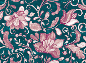 Paisley watercolor floral pattern tile: flowers, flores, tulips, leaves. Oriental indian traditional hand painted water color whimsical seamless print, ceramic design. Abstract india batik background