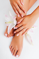 manicure pedicure with flower lily closeup isolated on white perfect shape hands spa salon