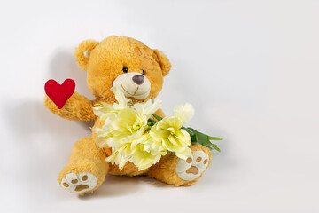 Photo postcard with the image of a funny teddy bear with a bouquet of unusual white and yellow tulips and a red heart on a light background.