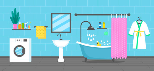 Modern bathroom design with bathtub, washbasin, bathrobe, washing machine and body accessories