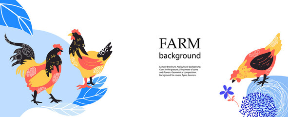 Horizontal agricultural background. Silhouettes of chickens and roosters. © Tutsi_N