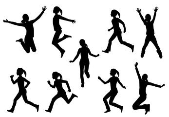 Nine isolated vector silhouettes of a teenager girl running. jumping, dancing, raising hands