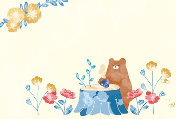 お花畑でお茶をするくまのフレーム