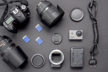 Set of photo equipment on a black background.