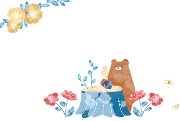 お花畑でお茶をするくまのフレーム