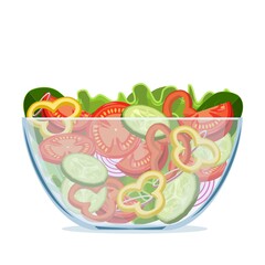 Green salad of fresh vegetables in a transparent salad bowl object isolated on a white background