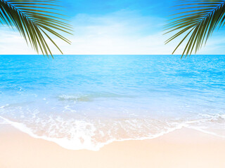 Fototapeta na wymiar Beautiful beach. View of nice tropical beach with palms around. Holiday and vacation concept. Tropical beach.
