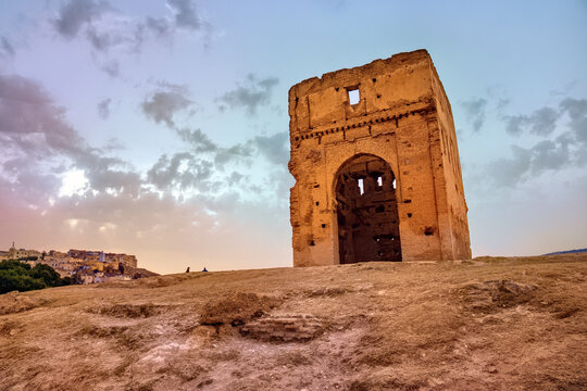 View Of The Marinid Tombs Ruins.  It Ruined Tombs On A Hill Above And North Of Fes Al-Bali, The Old City Of Fez, Morocco. They Were A Royal Necropolis For The Marinid Dynasty (13th To 15th C.).