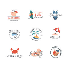 Summer pre-made logo design with icon drawings. Logotype templates with various beach items - surf, bikini, snorkeling mask, crab, flamingo swim ring, cocktail, palm and umbrella. Vector drawing