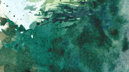 Green watercolor background. Handmade on paper. Spots, streaks, leaves