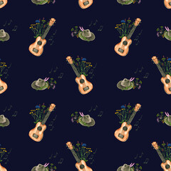 Seamless pattern with watercolor flowers, ukulele, hat, notes. Hand drawn illustration is isolated on dark blue. Music ornament is perfect for musician design, linens, wallpaper, fabric textile