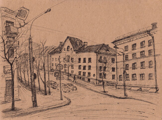 Hand drawn illustration of Eastern European street. Original artwork on vintage paper. Grunge ink pen painting. Urban view with roadway in Minsk city, Belarus. Post card, print, background concept.
