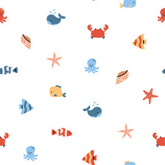 Seamless pattern with sea inhabitants. Repeat design with fish, octopus, whale, sea star and shell. Flat vector illustration