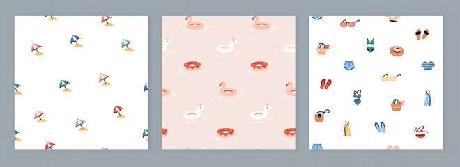 Collection of seamless designs with summer icons. Trendy patterns with simple colorful illustrations. Flat vector drawing