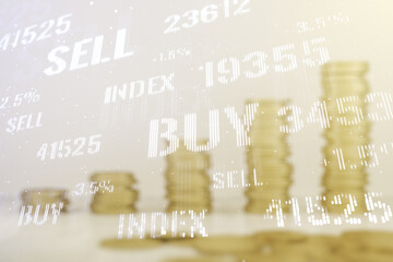 Multi exposure of virtual abstract financial diagram on growing coins stacks background, banking and accounting concept