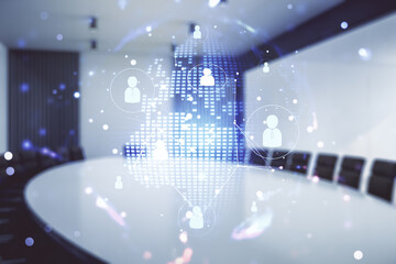 Naklejka na ściany i meble Virtual social network hologram and world map on a modern conference room background. Multiexposure