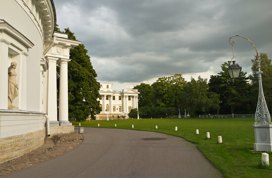Saint Petersburg. The beautiful exterior of facade of the Elaginskiy Summer Palace surrounded by park green lawns and alleys on Elagin Island. Summer travel ang outdoors