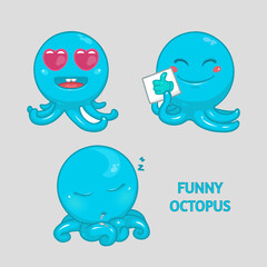 Funny blue octopus on isolated gray background